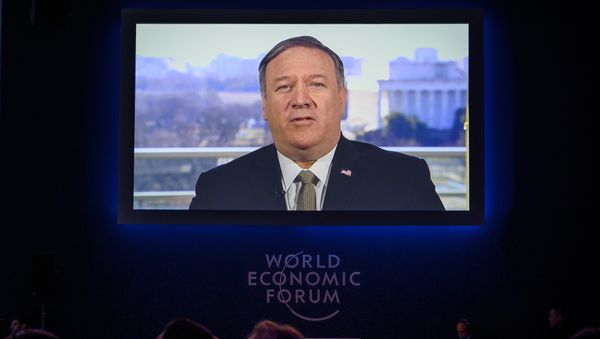 U.S. Secretary of State Mike Pompeo is seen on a screen during his address via satellite at the World Economic Forum (WEF) annual meeting, on January 22, 2019 in Davos, eastern Switzerland. f State Mike Pompeo is seen on a screen during his address via satellite at the World Economic Forum (WEF) annual meeting, on January 22, 2019 in Davos, eastern Switzerland. - Sputnik International