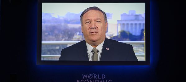 U.S. Secretary of State Mike Pompeo is seen on a screen during his address via satellite at the World Economic Forum (WEF) annual meeting, on January 22, 2019 in Davos, eastern Switzerland. f State Mike Pompeo is seen on a screen during his address via satellite at the World Economic Forum (WEF) annual meeting, on January 22, 2019 in Davos, eastern Switzerland.  - Sputnik International