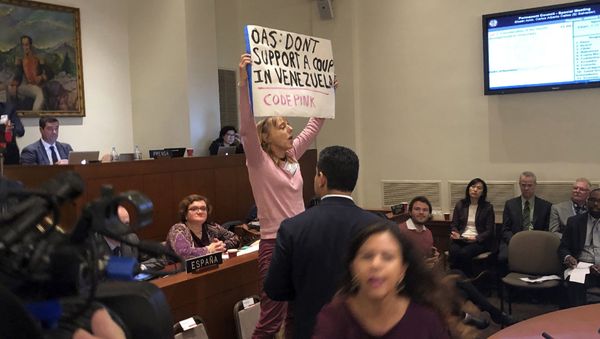 Activist Medea Benjamin with the group Code Pink, heckles remarks by Secretary of State Mike Pompeo during an extraordinary session about the crisis in Venezuela held by the Organization of American States, Thursday Jan. 24, 2019 in Washington. - Sputnik International