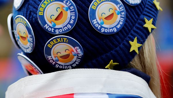 An anti-Brexit activist wears a hat covered in badges reading Brexit: Not going well is it? as she demonstrates opposite the Houses of Parliament in London on January 29, 2019. - Sputnik International