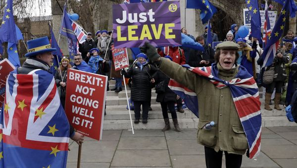 A pro-leave supporter, right, hods a placard in front of a group of pro-remain supporters during demonstrations in London, Tuesday, Jan. 29, 2019. Britain's Parliament is set to vote on competing Brexit plans, with Prime Minister Theresa May desperately seeking a mandate from lawmakers to help secure concessions from the European Union. A pro-leave supporter, right, hods a placard in front of a group of pro-remain supporters during demonstrations in London, Tuesday, Jan. 29, 2019. Britain's Parliament is set to vote on competing Brexit plans, with Prime Minister Theresa May desperately seeking a mandate from lawmakers to help secure concessions from the European Union. - Sputnik International
