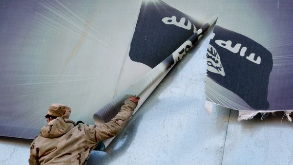A member of the Iraqi security forces removes a banner bearing the logo of the Islamic State (IS) group in eastern Mosul on January 19, 2017 - Sputnik International
