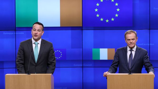 EU Council President Donald Tusk and Irish Prime Minister Leo Varadkar give statements after a meeting at the European Council headquarters in Brussels, Belgium February 6, 2019. EU Council President Donald Tusk and Irish Prime Minister Leo Varadkar give statements after a meeting at the European Council headquarters in Brussels, Belgium February 6, 2019. - Sputnik International