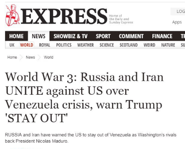 Screengrab from The Daily Express: World War 3: Russia and Iran UNITE against US over Venezuela crisis, warn Trump 'STAY OUT' Screengrab from The Daily Express: World War 3: Russia and Iran UNITE against US over Venezuela crisis, warn Trump 'STAY OUT' - Sputnik International