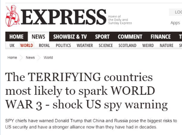 Screengrab from The Daily Express: The TERRIFYING countries most likely to spark World War 3 - shock US spy warning Screengrab from The Daily Express: The TERRIFYING countries most likely to spark World War 3 - shock US spy warning - Sputnik International