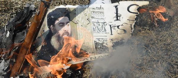 Indian Shiite Muslim demonstrators burn an effigy of the Islamic State group (ISIS) leader Abu Bakr al-Baghdadi during a protest in New Delhi on June 9, 2017 - Sputnik International