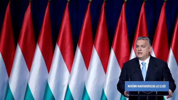 Hungarian Prime Minister Viktor Orban delivers his annual state of the nation speech in Budapest, Hungary, February 10, 2019. Banner reads Hungary first! Hungarian Prime Minister Viktor Orban delivers his annual state of the nation speech in Budapest, Hungary, February 10, 2019. Banner reads Hungary first! - Sputnik International