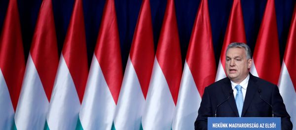 Hungarian Prime Minister Viktor Orban delivers his annual state of the nation speech in Budapest, Hungary, February 10, 2019. Banner reads Hungary first! - Sputnik International