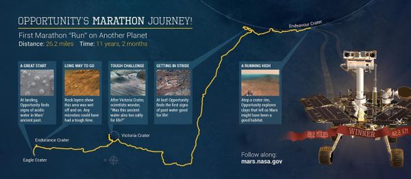 Eleven years and two months after its landing on Mars, the total driving distance of NASA's Mars Exploration Rover Opportunity surpassed the length of a marathon race: 26.219 miles (42.195 kilometers). This map shows the southward path driven by Opportunity from late December 2014 until it passed marathon distance on March 24, 2015, during the 3,968th Martian day, or sol, of the rover's work on Mars. Eleven years and two months after its landing on Mars, the total driving distance of NASA's Mars Exploration Rover Opportunity surpassed the length of a marathon race: 26.219 miles (42.195 kilometers). This map shows the southward path driven by Opportunity from late December 2014 until it passed marathon distance on March 24, 2015, during the 3,968th Martian day, or sol, of the rover's work on Mars. - Sputnik International