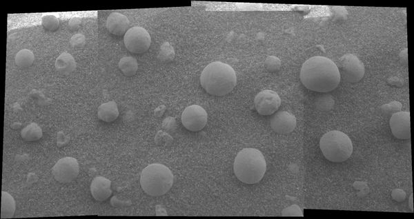 This mosaic image shows an extreme close-up of round, blueberry-shaped formations in the martian soil near a part of the rock outcrop at Meridiani Planum called Stone Mountain. Scientists are studying these curious formations for clues about the area's past environmental conditions. This mosaic image shows an extreme close-up of round, blueberry-shaped formations in the martian soil near a part of the rock outcrop at Meridiani Planum called Stone Mountain. Scientists are studying these curious formations for clues about the area's past environmental conditions. - Sputnik International