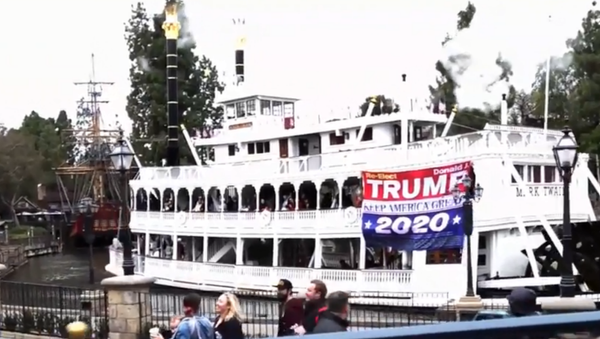 Dion Cini, a supporter of US President Donald Trump, waves 'Trump 2020' banner at Disneyland - Sputnik International