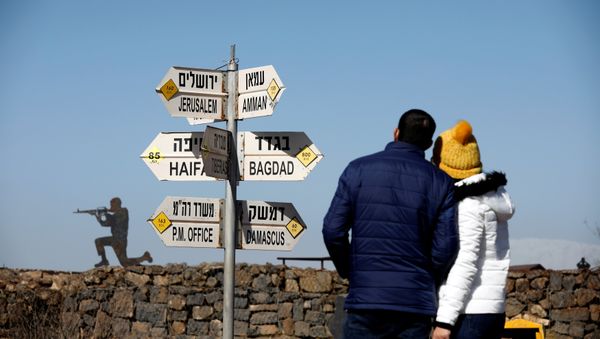 A couple look towards signs pointing out distances to different cities, on Mount Bental, an observation post in the Israeli-occupied Golan Heights that overlooks the Syrian side of the Quneitra crossing, Israel January 21, 2019 - Sputnik International