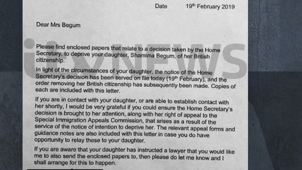 The Home Office letter informing Shamima Begum's mother her daughter's British citizenship has been revoked  - Sputnik International