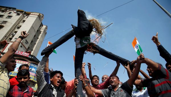 People burn an effigy depicting Pakistan as they celebrate after Indian authorities said their jets conducted airstrikes on militant camps in Pakistani territory, in Ahmedabad - Sputnik International
