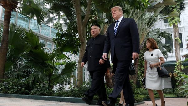 North Korea's leader Kim Jong Un and U.S. President Donald Trump walk in the garden of the Metropole hotel during the second North Korea-U.S. summit in Hanoi, Vietnam February 28, 2019 North Korea's leader Kim Jong Un and U.S. President Donald Trump walk in the garden of the Metropole hotel during the second North Korea-U.S. summit in Hanoi, Vietnam February 28, 2019 - Sputnik International