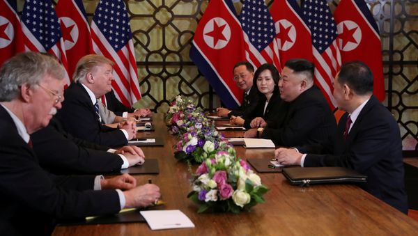 North Korea's leader Kim Jong Un speaks with U.S. President Donald Trump at the extended bilateral meeting in the Metropole hotel during the second North Korea-U.S. summit in Hanoi, Vietnam February 28, 2019 North Korea's leader Kim Jong Un speaks with U.S. President Donald Trump at the extended bilateral meeting in the Metropole hotel during the second North Korea-U.S. summit in Hanoi, Vietnam February 28, 2019 - Sputnik International