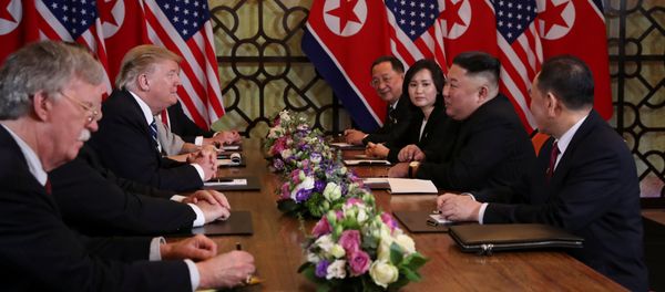 North Korea's leader Kim Jong Un speaks with U.S. President Donald Trump at the extended bilateral meeting in the Metropole hotel during the second North Korea-U.S. summit in Hanoi, Vietnam February 28, 2019 North Korea's leader Kim Jong Un speaks with U.S. President Donald Trump at the extended bilateral meeting in the Metropole hotel during the second North Korea-U.S. summit in Hanoi, Vietnam February 28, 2019 - Sputnik International
