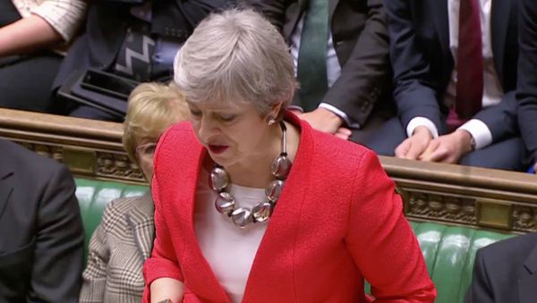 British Prime Minister Theresa May speaks after tellers announced the results of the vote Brexit deal in Parliament in London, Britain, March 12, 2019, in this screen grab taken from video. British Prime Minister Theresa May speaks after tellers announced the results of the vote Brexit deal in Parliament in London, Britain, March 12, 2019, in this screen grab taken from video. - Sputnik International