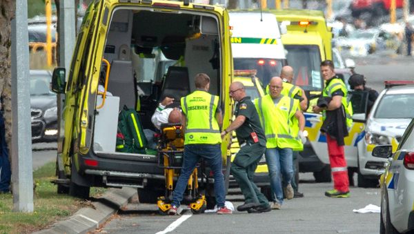 An injured person is loaded into an ambulance following a shooting at the Al Noor mosque in Christchurch - Sputnik International