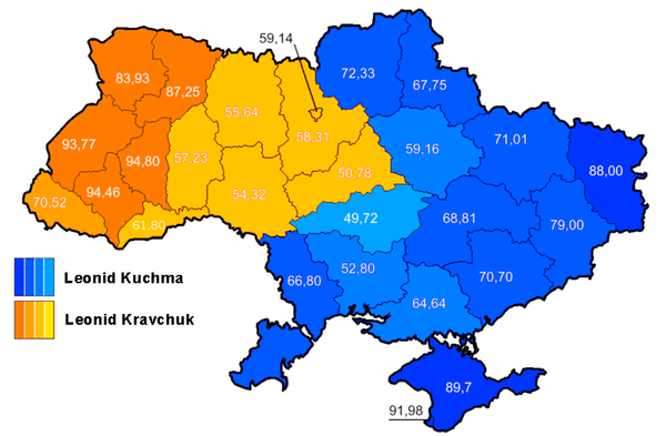 This map shows the results of the second round of the Ukrainian presidential elections of 1994, when Leonid Kuchma defeated Leonid Kravchuk. The map elaborates on the map of the 1994 elections made by Vasyl' Babych. This map shows the results of the second round of the Ukrainian presidential elections of 1994, when Leonid Kuchma defeated Leonid Kravchuk. The map elaborates on the map of the 1994 elections made by Vasyl' Babych. - Sputnik International
