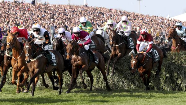 Tiger Roll ridden by jockey Davy Russell (2R) jumps the water jump heading to victory in the Grand National horse race on the final day of the Grand National Festival at Aintree Racecourse in Liverpool, northern England on April 14, 2018 - Sputnik International