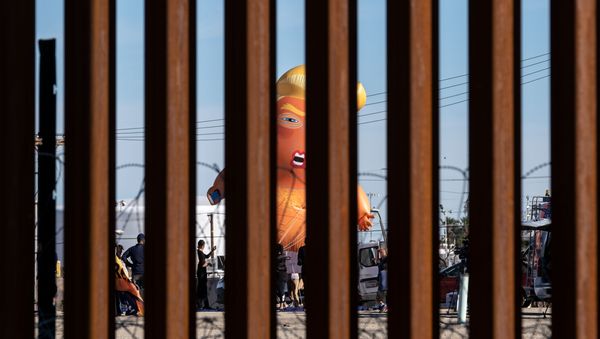 A satirical balloon of a baby US President Donald Trump is seen through the US-Mexico border fence during a demonstration against him prior to his visit to Calexico, California, as seen from Mexicali, Baja California state, Mexico, on April 5, 2019. A satirical balloon of a baby US President Donald Trump is seen through the US-Mexico border fence during a demonstration against him prior to his visit to Calexico, California, as seen from Mexicali, Baja California state, Mexico, on April 5, 2019. - Sputnik International