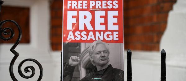 A supporter of WikiLeaks founder Julian Assange holds a placard outside the Ecuadorian Embassy in London on April 5, 2019 - Sputnik International