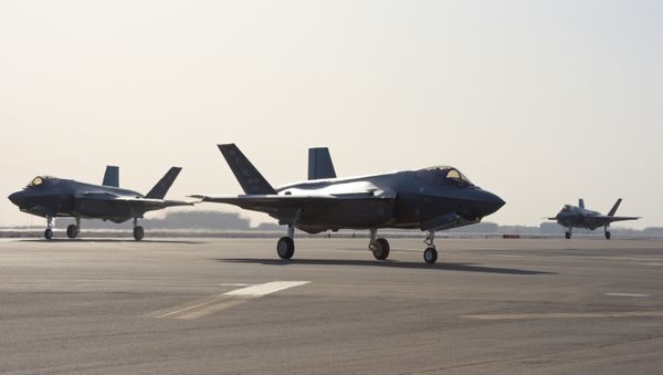 Three F-35A Lightning IIs assigned to the 4th Expeditionary Fighter Squadron taxi after landing at Al Dhafra Air Base, United Arab Emirates, April 15, 2019. The F-35A Lightning II is deployed to the U.S. Air Forces Central Command area of responsibility for the first time in U.S. Air Force history. - Sputnik International