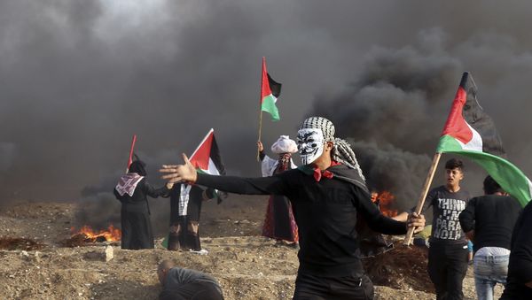 Protesters wave their national flags while others burn tires near the fence of Gaza Strip border with Israel during a protest east of Gaza City, Friday, Nov. 9, 2018 - Sputnik International