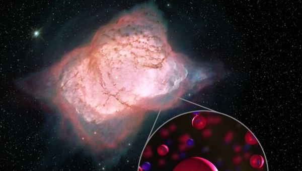 Image of planetary nebula NGC 7027 with illustration of helium hydride molecules. In this planetary nebula, SOFIA detected helium hydride, a combination of helium (red) and hydrogen (blue), which was the first type of molecule to ever form in the early universe. This is the first time helium hydride has been found in the modern universe. - Sputnik International