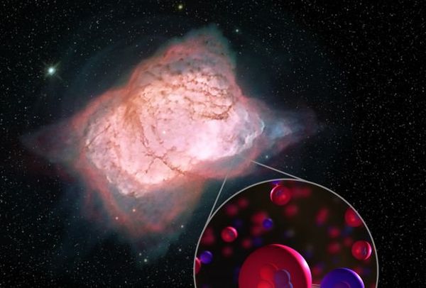 Image of planetary nebula NGC 7027 with illustration of helium hydride molecules. In this planetary nebula, SOFIA detected helium hydride, a combination of helium (red) and hydrogen (blue), which was the first type of molecule to ever form in the early universe. This is the first time helium hydride has been found in the modern universe. Image of planetary nebula NGC 7027 with illustration of helium hydride molecules. In this planetary nebula, SOFIA detected helium hydride, a combination of helium (red) and hydrogen (blue), which was the first type of molecule to ever form in the early universe. This is the first time helium hydride has been found in the modern universe. - Sputnik International