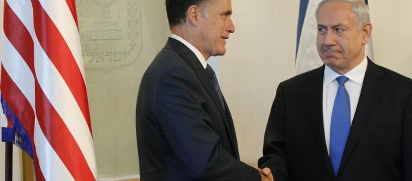 Republican presidential candidate and former Massachusetts Gov. Mitt Romney meets with Israel's Prime Minister Benjamin Netanyahu, in Jerusalem, Sunday, July 29, 2012 - Sputnik International