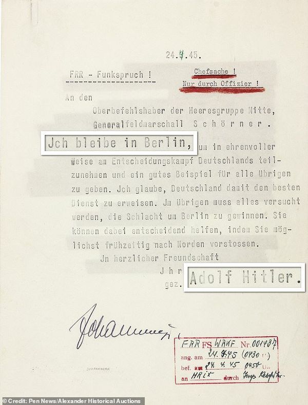 The note, pictured, is believed to be the only written evidence of Hitler declaring his intention to remain (and die) in Berlin The note, pictured, is believed to be the only written evidence of Hitler declaring his intention to remain (and die) in Berlin - Sputnik International