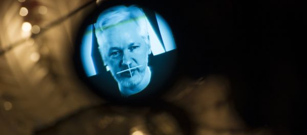 Julian Assange, founder of the online leaking platform WikiLeaks, is seen through the eyepeace of a camera as he is displayed on a screen via a live video connection during a press conference on the platform's 10th anniversary on October 4, 2016 in Berlin - Sputnik International