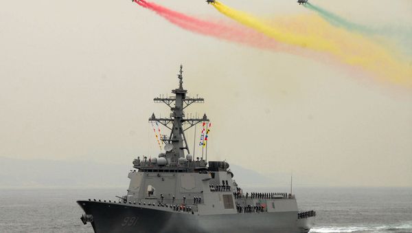 Helicopters fly over the Republic of Korea Aegis destroyer Sejong the Great (KDX 991) during the International Fleet Review Pass and Review. The International Fleet Review, which runs from Oct. 5 through Oct. 10, celebrates the 60th anniversary of the Republic of Korean. - Sputnik International