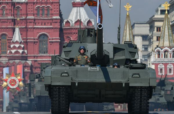 Russian T-14 Armata main battle tanks roll down the Red Square during a rehearsal for the Victory Day parade in Moscow on 9 May, 2019  - Sputnik International