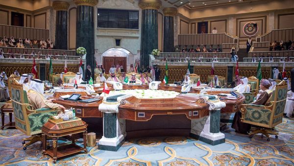 In this photo released by the state-run Saudi Press Agency, leaders from the six nations of the Gulf Cooperation Council meet in Riyadh, Saudi Arabia, Sunday, Dec. 9, 2018. Leaders of Gulf Arab countries, including those boycotting Qatar, met on Sunday in Saudi Arabia's capital for a regional summit, a gathering that Qatar's ruling emir choose not to attend amid the dispute. (Saudi Press Agency via AP) - Sputnik International
