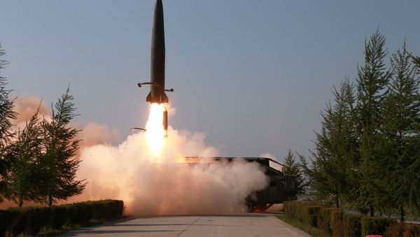 A missile is seen launched during a military drill in North Korea, in this May 10, 2019 photo supplied by the Korean Central News Agency (KCNA) - Sputnik International