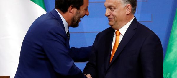 Italian Deputy Prime Minister Matteo Salvini shakes hands with Hungarian Prime Minister Viktor Orban during a joint news conference in Budapest, Hungary May 2, 2019 Italian Deputy Prime Minister Matteo Salvini shakes hands with Hungarian Prime Minister Viktor Orban during a joint news conference in Budapest, Hungary May 2, 2019 - Sputnik International