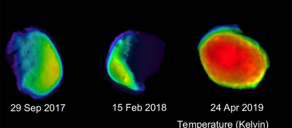 These three views of the Martian moon Phobos were taken by NASA's 2001 Mars Odyssey orbiter using its infrared camera, THEMIS. Each color represents a different temperature range. Credit: NASA These three views of the Martian moon Phobos were taken by NASA's 2001 Mars Odyssey orbiter using its infrared camera, THEMIS. Each color represents a different temperature range. Credit: NASA - Sputnik International