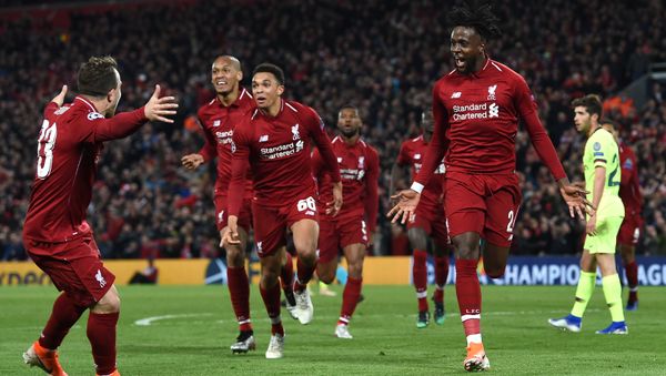 Divock Origi (far right) celebrates his winning goal against Barcelona with Liverpool team-mates Divock Origi (far right) celebrates his winning goal against Barcelona with Liverpool team-mates - Sputnik International
