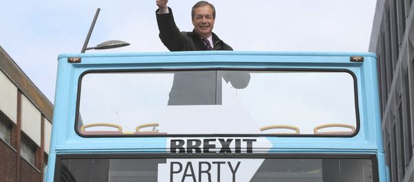 Brexit Party leader Nigel Farage gestures on an open topped bus while on the European Election campaign trail in Sunderland, England, Saturday, May 11, 2019 - Sputnik International