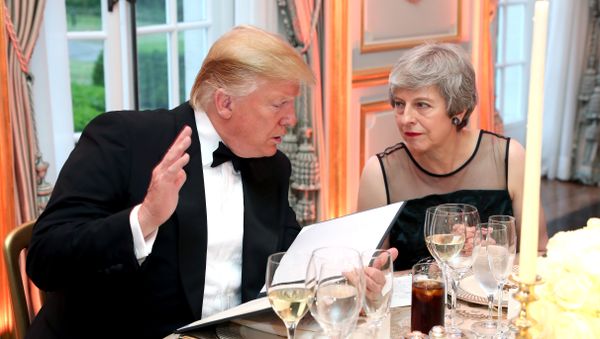 U.S. President Donald Trump and British Prime Minister Theresa May speak at a dinner hosted by himself and first lady Melania Trump at Winfield House, during their state visit in London, Britain June 4, 2019 U.S. President Donald Trump and British Prime Minister Theresa May speak at a dinner hosted by himself and first lady Melania Trump at Winfield House, during their state visit in London, Britain June 4, 2019 - Sputnik International