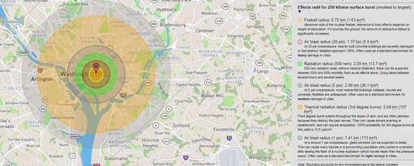 Data visualization from NUKEMAP which shows the effects of a 250-kiloton nuclear bomb being detonated on Washington, DC. Data visualization from NUKEMAP which shows the effects of a 250-kiloton nuclear bomb being detonated on Washington, DC. - Sputnik International