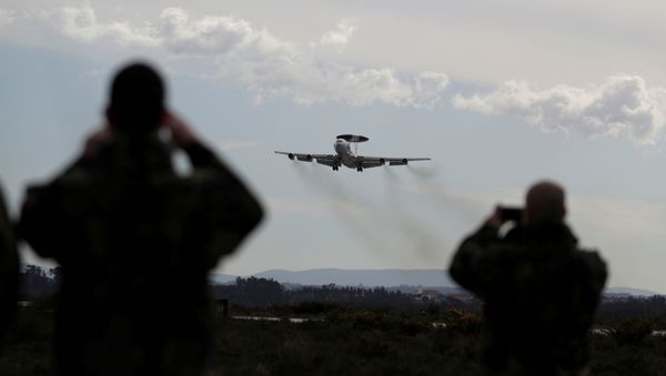 A NATO AWACS (Airborne Warning and Control Systems) aircraft approaches the Air Base number 5 - Sputnik International