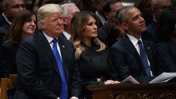 President Donald Trump, first lady Melania Trump, and former President Barack Obama watch during the State Funeral for former President George H.W. Bush at the National Cathedral, Wednesday, Dec. 5, 2018, in Washington. (AP Photo/Evan Vucci) - Sputnik International