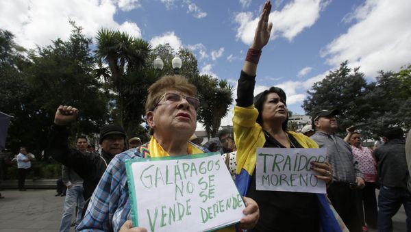 A woman holds a sign with a message that reads in Spanish; “Galapagos is not to be sold, but to be defended,” during a protest against the government’s plan to allow the U.S. military to use a Galapagos island for aircraft on anti-drug trafficking flights, outside the government palace in Quito, Ecuador, Monday, June 17, 2019 - Sputnik International