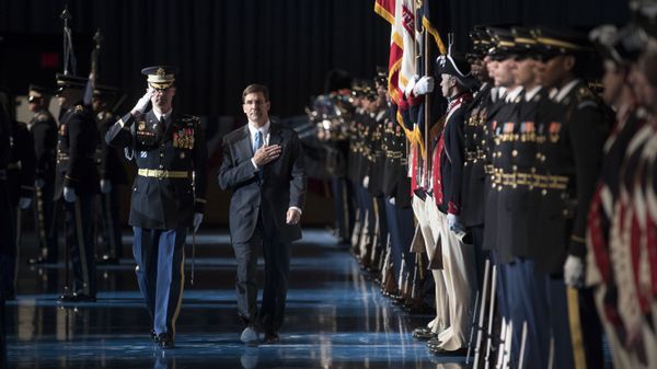 Mark Esper, right, during the troop inspection at Conmy Hall Mark Esper, right, during the troop inspection at Conmy Hall - Sputnik International