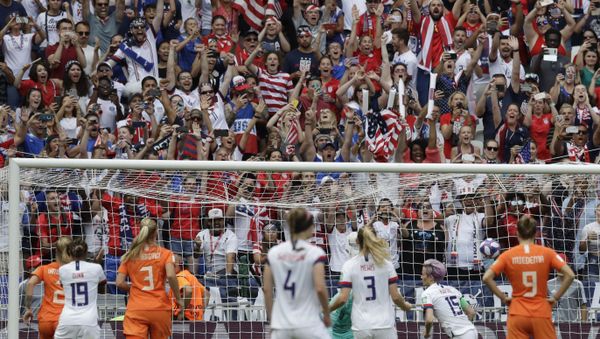 United States' Megan Rapinoe, 2nd right, celebrates with teammates after scoring her side's opening goal during the Women's World Cup final soccer match between US and The Netherlands at the Stade de Lyon in Decines - Sputnik International