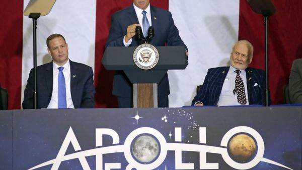 Vice President Mike Pence, center, makes remarks as NASA administrator Jim Bridenstine, back left, and Apollo 11 astronaut Buzz Aldrin listen during a visit to the Kennedy Space Center in recognition of the Apollo 11 anniversary - Sputnik International